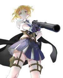 Rule 34 | 1girl, absurdres, blonde hair, bolt action, corset, from below, girls&#039; frontline, gloves, green eyes, gun, half gloves, handgun, highres, hip vent, holding, holding gun, holding weapon, holster, integral suppressor, integrally-suppressed firearm, jacket, jacket on shoulders, looking at viewer, pagye, pinstripe pattern, pleated skirt, simple background, skirt, sleeves rolled up, striped clothes, striped skirt, suppressor, thigh holster, weapon, welrod, welrod mk ii, welrod mkii (girls&#039; frontline), white background
