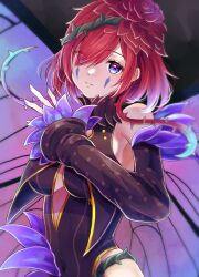 Rule 34 | 1girl, bare shoulders, black background, blue eyes, breasts, butterfly wings, cleavage, cowboy shot, detached sleeves, dress, facial mark, fairy wings, fire emblem, fire emblem heroes, flower, hair flower, hair ornament, hair over one eye, hair vines, highres, insect wings, large breasts, looking at viewer, nintendo, plant, purple hair, simple background, solo, thorns, triandra (fire emblem), vines, wings, yoshiki1020
