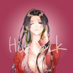 Rule 34 | 1girl, black hair, boa hancock, breasts, cleavage, commentary request, earrings, highres, hime cut, jewelry, large breasts, long hair, long sleeves, looking at viewer, one eye closed, one piece, pink background, piry, red shirt, shirt, simple background, solo, upper body