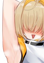 Rule 34 | 1girl, :3, ahoge, arm up, armpit focus, blonde hair, blush, brown hair, elegg (nikke), flustered, goddess of victory: nikke, hair intakes, heart, heart in mouth, highres, medium hair, open mouth, simple background, solo, sweat, upper body, white background, yumelixt
