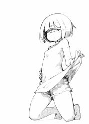 Rule 34 | 1girl, barefoot, blouse, blush, clothes lift, cyclops, denim, denim shorts, expressionless, from below, greyscale, hand on own hip, highres, kneeling, lifted by self, looking at viewer, monochrome, one-eyed, original, shima (sh1mamu), shirt, shirt lift, shorts, simple background, sketch, solo, thick eyebrows, tiptoes