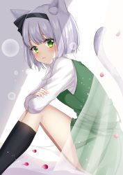 Rule 34 | 1girl, :3, absurdres, animal ear fluff, animal ears, bad id, bad pixiv id, black hairband, black ribbon, black socks, blush, cat ears, cat tail, commentary, curtains, feet out of frame, from side, green eyes, green skirt, green vest, hair ribbon, hairband, highres, kemonomimi mode, kneehighs, knees up, konpaku youmu, lens flare, long sleeves, looking at viewer, miniskirt, petals, pleated skirt, ribbon, rose petals, shinonome asu, shirt, short hair, silver hair, sitting, skirt, skirt set, smile, socks, solo, tail, thighs, touhou, vest, white background, white shirt