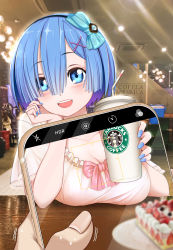 Rule 34 | 2girls, :d, absurdres, blue eyes, blue hair, blue nails, blurry, blush, bow, breasts, cake, cellphone, collarbone, commentary request, cup, depth of field, drinking straw, english text, food, hair between eyes, hair ornament, hairband, han xiao xue beifang xue ji, head rest, highres, holding, holding cup, indoors, lace-trimmed sleeves, lace trim, large breasts, looking at viewer, multiple girls, nail polish, open mouth, phone, photo background, plate, re:zero kara hajimeru isekai seikatsu, rem (re:zero), short hair, short sleeves, sitting, smartphone, smile, starbucks, sweat, trembling, x hair ornament
