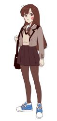 Rule 34 | 1girl, ahoge, alternate costume, bad id, bad twitter id, bag, black skirt, blazer, brown eyes, brown hair, brown pantyhose, buttons, cardigan vest, collared shirt, contemporary, croquis2, d.va (overwatch), dress shirt, eyebrows, facepaint, facial mark, full body, jacket, long hair, looking at viewer, miniskirt, necktie, open mouth, overwatch, overwatch 1, pantyhose, pleated skirt, school uniform, shirt, shoes, shoulder bag, simple background, skirt, sneakers, solo, striped necktie, striped neckwear, whisker markings, white background, white shirt