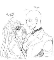 Rule 34 | 2girls, bald, bald girl, black sclera, blush, breasts, choker, cleavage, colored sclera, genderswap, genderswap (mtf), genos, greyscale, korean text, large breasts, monochrome, multiple girls, one-punch man, saitama (one-punch man), text focus, translation request, wavy mouth