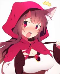 Rule 34 | 1girl, ^^^, animal ears, breasts, brown hair, dress, eyes visible through hair, fang, fingernails, frills, gem, hands up, highres, hood, imaizumi kagerou, jewelry, large breasts, long fingernails, long hair, long sleeves, looking to the side, nail polish, open mouth, parody, pink nails, red eyes, red riding hood (sinoalice), simple background, solo, tongue, touhou, upper body, white background, white dress, white sleeves, wide sleeves, wolf ears, you (noanoamoemoe)