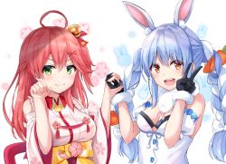 Rule 34 | 2girls, ahoge, animal ears, bare shoulders, bell, black gloves, blue hair, blush, braid, breasts, carrot hair ornament, cherry blossom print, cleavage, clenched hand, closed mouth, detached sleeves, eyebrows, floral print, food-themed hair ornament, gloves, green eyes, hair bell, hair ornament, hairclip, holding hands, hololive, long braid, long hair, looking at viewer, medium breasts, multicolored hair, multiple girls, open mouth, orange eyes, pink hair, rabbit ears, rabbit girl, sakura miko, sakura miko (1st costume), shishou (doragyurosu), smile, teeth, tongue, twin braids, upper teeth only, usada pekora, usada pekora (1st costume), v, v-shaped eyebrows, virtual youtuber, white background, white hair, x hair ornament