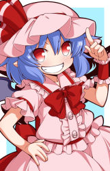 Rule 34 | &gt;:d, 1girl, :d, arm garter, bat wings, blue background, blue hair, bow, bowtie, eichi yuu, frilled shirt, frills, grin, hand on own hip, hat, hat ribbon, index finger raised, looking at viewer, mob cap, no nose, open mouth, pink hat, pink shirt, pink skirt, puffy short sleeves, puffy sleeves, red bow, red bowtie, red eyes, red ribbon, remilia scarlet, ribbon, shirt, short hair, short sleeves, skirt, smile, solo, touhou, upper body, v-shaped eyebrows, wings, wrist cuffs