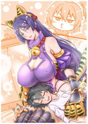 Rule 34 | 1boy, 2girls, animal ears, animal hands, arm guards, armlet, bare shoulders, bell, black hair, black legwear, blush, breasts, cat, cigar cat, cleavage, cleavage cutout, closed eyes, clothing cutout, fate/grand order, fate (series), fujimaru ritsuka (female), fujimaru ritsuka (male), gloves, hair between eyes, high collar, huge breasts, jingle bell, lap pillow, long hair, looking at viewer, low-tied long hair, minamoto no raikou (fate), multiple girls, open mouth, parted bangs, paw gloves, purple eyes, purple hair, seiza, shirt, sitting, sleeping, smile, tabard, tail, tassel, thighs, tiger ears, tiger tail, very long hair, white shirt