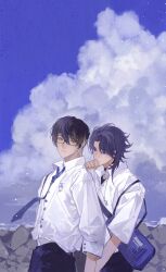 Rule 34 | 2boys, absurdres, black hair, black pants, blue bag, blue eyes, blue hair, blue necktie, blue sky, character request, chinese commentary, cloud, collared shirt, copyright request, cumulonimbus cloud, ear piercing, earpiece, earrings, glasses, hand on own chin, highres, holding hands, jewelry, light particles, long sleeves, looking at viewer, male focus, mengxiaheqing, multiple boys, necktie, ocean, outdoors, pants, pendant, piercing, rock, school uniform, shirt, short hair, short sleeves, sky, strap, upper body, white shirt, yaoi