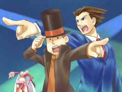 Rule 34 | 1girl, 2boys, ace attorney, amazon warrior, black hair, boa hancock, breasts, capcom, cleavage, competition, crossover, hat, head back, hershel layton, large breasts, level-5, long hair, midriff, multiple boys, necktie, nenone miya, objection, one piece, open mouth, parody, phoenix wright, pointing, professor layton, professor layton vs. phoenix wright: ace attorney, professor layton vs ace attorney, tongue, top hat, you&#039;re doing it wrong