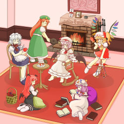 Rule 34 | 6+girls, :&lt;, :d, ^ ^, apple, apple rabbit, apron, ascot, barefoot, basket, bat wings, bean bag chair, bellows, blonde hair, blue dress, book, bow, braid, brooch, capelet, chair, china dress, chinese clothes, closed eyes, commentary request, crescent, dress, embodiment of scarlet devil, eyebrows, fang, fire, fireplace, flandre scarlet, food, food art, framed, fruit, full body, hair ribbon, hand on own stomach, happy, hat, hat bow, head wings, highres, holding, holding book, hong meiling, indoors, izayoi sakuya, jewelry, knife, knitting, knitting needle, koakuma, laevatein, light purple hair, light smile, long hair, long sleeves, lying, maid, maid apron, maid headdress, mob cap, mobile, multiple girls, needle, on side, open book, open mouth, patchouli knowledge, photo (object), picture frame, plate, pregnant, purple dress, purple eyes, purple hair, rattle, reading, red eyes, red hair, remilia scarlet, ribbon, rocking chair, rug, scarf, shirt, short hair, short sleeves, siblings, side ponytail, silver hair, sisters, sitting, skirt, skirt set, slippers, smile, socks, standing, star (symbol), table, tfv, touhou, tress ribbon, twin braids, vest, waist apron, white shirt, wide sleeves, wings, yarn, yarn ball
