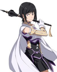 Rule 34 | 10s, 1girl, armor, black hair, black skirt, breastplate, cape, character request, collarbone, cowboy shot, looking at viewer, miniskirt, mole, mole under eye, pleated skirt, purple eyes, short hair, simple background, skirt, solo, standing, sword art online, white background, white cape