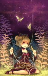 Rule 34 | 1girl, bad id, bad pixiv id, blonde hair, bow, bug, butterfly, clea (geee13), female focus, hair bow, insect, kurodani yamame, nail polish, nature, outdoors, purple eyes, short hair, silk, sky, solo, spider web, touhou