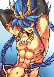Rule 34 | 1boy, arms up, bara, blue eyes, blue hair, bracelet, braid, cho aniki, cho aniki zero, earrings, elbow gloves, gloves, gradient background, hair ornament, idaten, jewelry, male focus, manly, matching hair/eyes, muscular, navel, necklace, nipples, open mouth, solo, twin braids