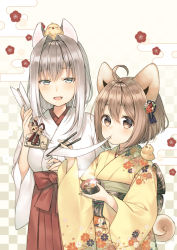 Rule 34 | 2girls, :d, :t, ahoge, animal, animal ears, animal on head, animal on shoulder, arrow (projectile), bell, bird, blue eyes, bowl, breasts, brown eyes, brown hair, checkered background, chick, chinese zodiac, chopsticks, closed mouth, dog ears, eating, ema, floral background, floral print, food, gradient background, hair between eyes, hakama, hakama skirt, half-closed eyes, hamaya, holding, holding arrow, holding bowl, holding chopsticks, japanese clothes, jingle bell, kimono, large breasts, long hair, looking at viewer, midorikawa you, miko, mochi, multiple girls, new year, obi, on head, on shoulder, open mouth, original, sash, short hair, silver hair, skirt, small breasts, smile, tail, wagashi, wide sleeves, year of the rooster, yellow kimono, zouni soup