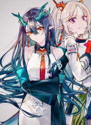 Rule 34 | 2girls, arknights, black hair, colored skin, dragon girl, dragon horns, dragon tail, dusk (arknights), earrings, eastern dragon tail, gradient skin, green horns, green skin, hair between eyes, highres, horns, jewelry, looking at viewer, multicolored hair, multiple girls, necktie, nian (arknights), okome (okome9219), pointy ears, purple eyes, red eyes, red necktie, red skin, streaked hair, tail, tassel, tassel earrings, white hair