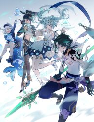 Rule 34 | 1boy, 3girls, absurdres, annshiro76, aqua hair, arm up, bangle, black hair, blue hair, blue headwear, bracelet, closed eyes, dress, facial mark, faruzan (genshin impact), forehead mark, furina (genshin impact), genshin impact, gentilhomme usher, glasses, gloves, green hair, hair ornament, hairpin, hat, highres, holding, holding polearm, holding weapon, jewelry, long hair, mademoiselle crabaletta, multicolored hair, multiple girls, open mouth, pantyhose, parted lips, polearm, ponytail, primordial jade winged-spear (genshin impact), red-framed eyewear, shorts, spear, surintendante chevalmarin, thighlet, twintails, weapon, white dress, x hair ornament, xianyun (genshin impact), xiao (genshin impact)