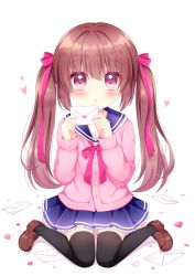 Rule 34 | 1girl, :o, black thighhighs, blue sailor collar, blue skirt, blush, bow, brown footwear, brown hair, cardigan, commentary request, envelope, full body, hair between eyes, hair bow, hands up, heart, heart-shaped pupils, himetsuki luna, holding, holding envelope, letter, loafers, long hair, long sleeves, looking at viewer, love letter, original, parted lips, petals, pink bow, pink cardigan, pink ribbon, pleated skirt, red eyes, ribbon, sailor collar, school uniform, serafuku, shoes, sitting, skirt, sleeves past wrists, solo, symbol-shaped pupils, thighhighs, twintails, very long hair, wariza, white background