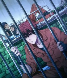 Rule 34 | 2boys, aomine daiki, bars, bed, black footwear, black gloves, blue hair, boots, closed mouth, dark-skinned male, dark skin, fingerless gloves, gloves, hand on own face, highres, holding, holding magazine, in cell, kagami taiga, kuroko no basuke, lying, magazine (object), male focus, multiple boys, prison, prison cell, prisoner, red hair, short hair, sweatdrop, uniform, xuan zhi yue ying
