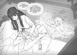 Rule 34 | :d, bare shoulders, barefoot, bed, blush, bottle, breasts, chair, closed eyes, commentary, elf, english commentary, english text, fern (sousou no frieren), frieren, greyscale, highres, hikimayu, kusujinn, long hair, lying, magic circle, monochrome, on back, open mouth, paid reward available, pointy ears, restrained, sitting, smile, sousou no frieren, sweat, tickling, tickling feet, wariza