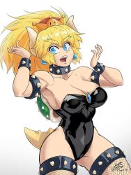 Rule 34 | 1girl, armlet, bare shoulders, black leotard, blonde hair, blue eyes, bowsette, breasts, collar, crown, earrings, fishnets, horns, jewelry, large breasts, leotard, mario (series), new super mario bros. u deluxe, nintendo, pablo moya, pointy ears, ponytail, sharp teeth, spiked collar, spiked shell, spiked tail, spikes, strapless, strapless leotard, super crown, tail, teeth