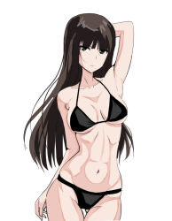 Rule 34 | 1girl, abs, arm behind head, arm up, armpits, bikini, black bikini, black eyes, black hair, blunt bangs, breasts, closed mouth, commentary, cowboy shot, girls und panzer, gluteal fold, groin, half-closed eyes, halterneck, large breasts, light frown, long hair, looking at viewer, mal (malmlamal), nishizumi shiho, simple background, solo, standing, straight hair, swimsuit, thigh gap, white background