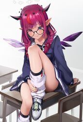 Rule 34 | 1girl, bloom (irys), blue eyes, blush, braid, breasts, chair, classroom, closed mouth, collarbone, desk, double halo, flower, full body, glasses, guyrys, hair flower, hair ornament, halo, hashtag-only commentary, highres, hololive, hololive english, horns, irys (gaming casual) (hololive), irys (hololive), looking at viewer, medium breasts, on desk, pink hair, pointy ears, red eyes, red hair, round eyewear, sailor collar, school chair, school desk, school uniform, shoes, simple background, sitting, on desk, sneakers, socks, solo, tateno 777, thighs, twin braids, virtual youtuber, white background, wings