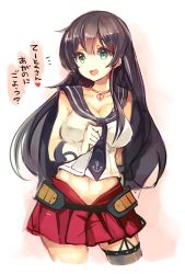Rule 34 | 10s, 1girl, :3, :d, agano (kancolle), bad id, bad pixiv id, black hair, breasts, cis (carcharias), cleavage, garter straps, gloves, green eyes, heart, heart-shaped lock, heart necklace, jewelry, kantai collection, large breasts, lock, long hair, midriff, miniskirt, navel, necklace, open mouth, school uniform, serafuku, single thighhigh, skirt, sleeveless, smile, solo, thighhighs, translated, white gloves