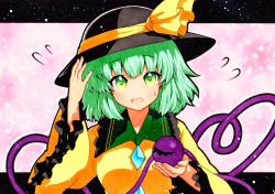 Rule 34 | 1girl, bad id, bad pixiv id, black border, black hat, blouse, border, breasts, flying sweatdrops, frilled shirt collar, frilled sleeves, frills, green eyes, green hair, hand on headwear, hat, hat ribbon, heart, heart of string, holding, komeiji koishi, long sleeves, looking at viewer, open mouth, pink background, qqqrinkappp, ribbon, shirt, short hair, small breasts, solo, sweat, sweatdrop, third eye, touhou, traditional media, upper body, wide sleeves, yellow ribbon, yellow shirt