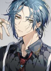 Rule 34 | 1boy, absurdres, black hair, blue hair, brooch, closed mouth, collarbone, collared shirt, commentary, dress shirt, ear piercing, earrings, expressionless, green eyes, grey background, grey shirt, hand up, hex haywire, highres, jewelry, jitome, keita kg85, looking at viewer, male focus, multicolored hair, necktie, nijisanji, nijisanji en, parted bangs, piercing, red necktie, ring, shirt, short hair, sidelocks, simple background, solo, streaked hair, suspenders, upper body, virtual youtuber, wing collar