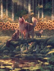 Rule 34 | animal ears, animal focus, artist name, birch tree, cat, cat ears, cat tail, clockbirds, commentary, commission, dog, dog ears, dog tail, english commentary, ferret, field, flower, flower field, forest, highres, lily pad, looking ahead, making-of available, nature, no humans, original, outdoors, photoshop (medium), pond, scenery, sunflower, sunflower field, sunlight, tail, watermark, yellow flower