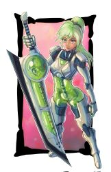 Rule 34 | 1girl, blush, cyborg, emmy (automatic giraffe), green eyes, green hair, highres, looking at viewer, ponytail, skeleton, solo, sword, weapon
