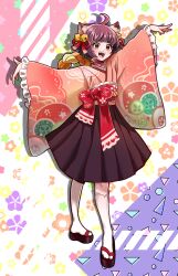 Rule 34 | 1girl, ahoge, animal ears, arm up, bell, blush, bow, brown eyes, brown footwear, brown hair, brown skirt, cat ears, cat girl, choker, commentary request, flat chest, floral background, frilled sleeves, frills, full body, hair bell, hair ornament, hair ribbon, highres, ichihime, japanese clothes, jingle bell, kimono, lace-trimmed choker, lace trim, long sleeves, looking at viewer, mahjong soul, medium bangs, mugicha (zoro1132), multicolored background, obi, okobo, open mouth, pink kimono, red bow, red choker, red eyes, red ribbon, red sash, ribbon, sandals, sash, short hair, skirt, smile, socks, solo, tabi, waist bow, white socks, wide sleeves