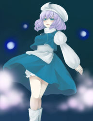 Rule 34 | 1girl, aqua eyes, bloomers, blush, boots, bow, dress, female focus, glowing, gradient background, hair bow, hat, legs, letty whiterock, long sleeves, open mouth, purple hair, short hair, smile, smoke, solo, takosumi, touhou, underwear