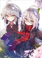 Rule 34 | 2girls, :o, ahoge, akieda, artoria pendragon (fate), black-framed eyewear, black skirt, blue skirt, blurry, blush, braid, cherry blossoms, coat, collared shirt, commentary request, depth of field, duffel coat, fate (series), flower, french braid, glasses, hair between eyes, highres, jeanne d&#039;arc (fate), jeanne d&#039;arc alter (avenger) (fate), jeanne d&#039;arc alter (fate), long sleeves, looking at viewer, multiple girls, mysterious heroine x alter (fate), mysterious heroine x alter (first ascension) (fate), neck ribbon, neckerchief, open clothes, open coat, open mouth, outdoors, petals, plaid, plaid scarf, pleated skirt, red scarf, ribbon, scarf, school uniform, semi-rimless eyewear, serafuku, shirt, short hair with long locks, silver hair, skirt, smile, under-rim eyewear, white shirt, wing collar, yellow eyes