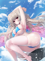 Rule 34 | 1girl, arms up, ass, azur lane, bikini, braid, braided bun, breasts, crotch seam, curvy, double bun, formidable (azur lane), formidable (the lady of the beach) (azur lane), hair bun, highres, koflif, large breasts, looking at viewer, official alternate costume, plump, red eyes, silver hair, skin tight, skindentation, solo, string bikini, swimsuit, thick thighs, thighhighs, thighs, undersized clothes, white thighhighs