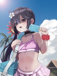Rule 34 | 1girl, akebono (kancolle), bare arms, bare shoulders, bell, bikini, day, flower, food, hair bell, hair between eyes, hair flower, hair ornament, highres, holding, holding food, jingle bell, kantai collection, long hair, navel, open mouth, palm tree, pink bikini, pink flower, popsicle, purple eyes, purple hair, red scrunchie, revision, scrunchie, side ponytail, solo, swimsuit, totoraisu, tree, upper body, wrist scrunchie