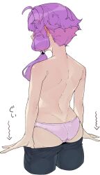 Rule 34 | 1girl, ahoge, ass, bare back, black pants, blush, commentary request, cropped legs, ear blush, facing away, from behind, highres, panties, pants, pink panties, purple hair, short hair with long locks, simple background, solo, topless, toriniku29, underwear, undressing, vocaloid, voiceroid, white background, yuzuki yukari