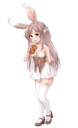Rule 34 | 1girl, animal ears, arm behind back, bare shoulders, braid, breasts, brown footwear, brown hair, cleavage, dress, eating, food, full body, garter straps, green eyes, high heels, legs, long hair, mary janes, open mouth, original, pretzel, rabbit ears, rabbit girl, rabbit tail, shoes, short dress, simple background, solo, strapless, strapless dress, susukitten, tail, thighhighs, thighs, white background, white dress, white thighhighs