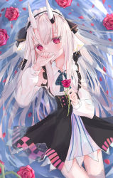 Rule 34 | blush, commentary, covering own mouth, cowboy shot, detached sleeves, dress, flower, flower on liquid, hair between eyes, hairband, hand on own face, highres, holding, holding flower, hololive, horns, in water, layered dress, lolita hairband, long hair, looking at viewer, lying, nail polish, nakiri ayame, nakiri ayame (girly), neck ribbon, on back, oni, partially submerged, petals, petals on liquid, pink hair, plaid, plaid ribbon, red eyes, red flower, red nails, red rose, ribbon, rose, shin murasame, skin-covered horns, solo, very long hair, virtual youtuber, white sleeves