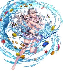 Rule 34 | 1girl, angelfish, anklet, barefoot, bikini, bikini skirt, book, bracelet, breasts, cleavage, clownfish, corrin (female) (fire emblem), corrin (female) (summer) (fire emblem), corrin (fire emblem), feet, female focus, fire emblem, fire emblem fates, fire emblem heroes, fish, flower, flower necklace, full body, hair flower, hair ornament, hairband, highres, holding, holding book, jewelry, lei, long hair, navel, necklace, nintendo, official alternate costume, official art, open mouth, pointy ears, seashell, sencha (senchat), shell, silver hair, smile, solo, starfish, swimsuit, thigh strap, toes, transparent background, tropical fish, water