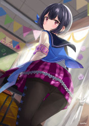 Rule 34 | 1girl, armband, black hair, black pantyhose, black sailor collar, blouse, blue ribbon, blue vest, blurry, blurry background, blush, chair, chalkboard, classroom, closed mouth, commentary, depth of field, desk, dutch angle, eluthel, from behind, hair ribbon, highres, idolmaster, idolmaster shiny colors, indoors, leaning forward, light frown, looking at viewer, looking back, miniskirt, morino rinze, panties, panties under pantyhose, pantyhose, pleated skirt, print pantyhose, purple skirt, red eyes, ribbon, sailor collar, school chair, school desk, school uniform, serafuku, shirt, short hair, skirt, solo, standing, star (symbol), star print, string of flags, sunlight, twitter username, underwear, vest, white shirt