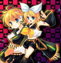 Rule 34 | 1boy, 1girl, brother and sister, checkered background, kagamine len, kagamine rin, shinia, siblings, twins, vocaloid