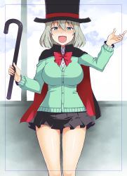 Rule 34 | 1girl, :d, black cape, black hat, black skirt, blue border, blue sky, border, bow, bowtie, breasts, cane, cape, cardigan, cloud, cloudy sky, commentary, cowboy shot, day, dress shirt, fang, gesture, green eyes, green sweater, grey hair, hat, highres, holding, holding cane, large breasts, long sleeves, looking at viewer, magic trick, medium hair, miniskirt, nakamura yukitoshi, open mouth, pleated skirt, red bow, red bowtie, school uniform, shirt, skirt, sky, smile, solo, standing, sweater, tejina senpai, tejina senpai (series), thighs, top hat, v-neck, white shirt