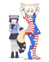 Rule 34 | 2girls, :o, american flag dress, american flag legwear, animal ear fluff, animal ears, arms behind back, arms up, artist name, black footwear, black hair, black neckwear, black skirt, blonde hair, bow, bowtie, brown eyes, clownpiece, clownpiece (cosplay), commentary, commission, common raccoon (kemono friends), cosplay, dress, elbow gloves, english commentary, extra ears, fennec (kemono friends), flying sweatdrops, fox ears, fox tail, full body, fur collar, gloves, grey hair, hair between eyes, highres, kemono friends, looking at viewer, multicolored hair, multiple girls, pantyhose, puffy short sleeves, puffy sleeves, raccoon ears, raccoon tail, shoes, short hair, short sleeves, simple background, skirt, smile, standing, striped tail, tail, touhou, twitter username, two-tone hair, vibrantrida, white background, white hair