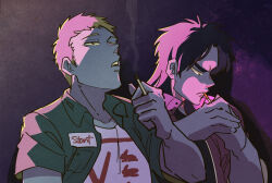 Rule 34 | 2boys, backlighting, black eyes, black hair, blonde hair, brown jacket, cigarette, closed mouth, commentary request, frown, green shirt, highres, holding, holding cigarette, inudori, itou kaiji, jacket, kaiji, lighting cigarette, long hair, male focus, medium bangs, multiple boys, open clothes, open mouth, open shirt, parted bangs, sahara makoto, shirt, short bangs, short hair, short sleeves, smoking, t-shirt, undershirt, upper body, very short hair, white shirt