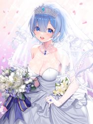 Rule 34 | 1girl, :d, absurdres, alternate costume, bare shoulders, blue eyes, blue hair, blush, bouquet, breasts, bridal gauntlets, bridal veil, cleavage, cowboy shot, crown, diadem, dress, elbow gloves, floral print, flower, forget-me-not (flower), frills, gloves, hair over one eye, happy, highres, holding, holding bouquet, jewelry, large breasts, leaning forward, looking at viewer, medium breasts, open mouth, ornate ring, petals, purple flower, re:zero kara hajimeru isekai seikatsu, rem (re:zero), ring, see-through, short hair, sleeveless, sleeveless dress, smile, solo, strapless, strapless dress, teeth, upper teeth only, veil, wedding dress, wedding ring, white dress, white flower, white gloves, yuri (chocho q)