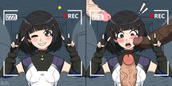 Rule 34 | 1girl, :o, age difference, before and after, black eyes, black gloves, black hair, blush, bob cut, breasts, camera, cheek press, clothed female nude male, double v, gloves, hair ornament, hairpin, highres, imminent rape, lin lee koo, multiple boys, nose blush, nude, one eye closed, recording, simple background, size difference, small breasts, smile, spatz, surprised, tight clothes, v, xenoblade chronicles (series), xenoblade chronicles x