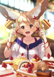 Rule 34 | 1girl, :d, animal ear fluff, animal ears, bare shoulders, blonde hair, blurry, blurry background, blurry foreground, breasts, brown eyes, cake, cake slice, chair, collarbone, commentary request, depth of field, dress, food, fork, fox ears, fox girl, hair ornament, hairclip, hands up, highres, holding, holding fork, off-shoulder dress, off shoulder, on chair, open mouth, original, short sleeves, sitting, small breasts, smile, solo, strawberry shortcake, swiss roll, table, white dress, wide sleeves, yuuji (yukimimi)